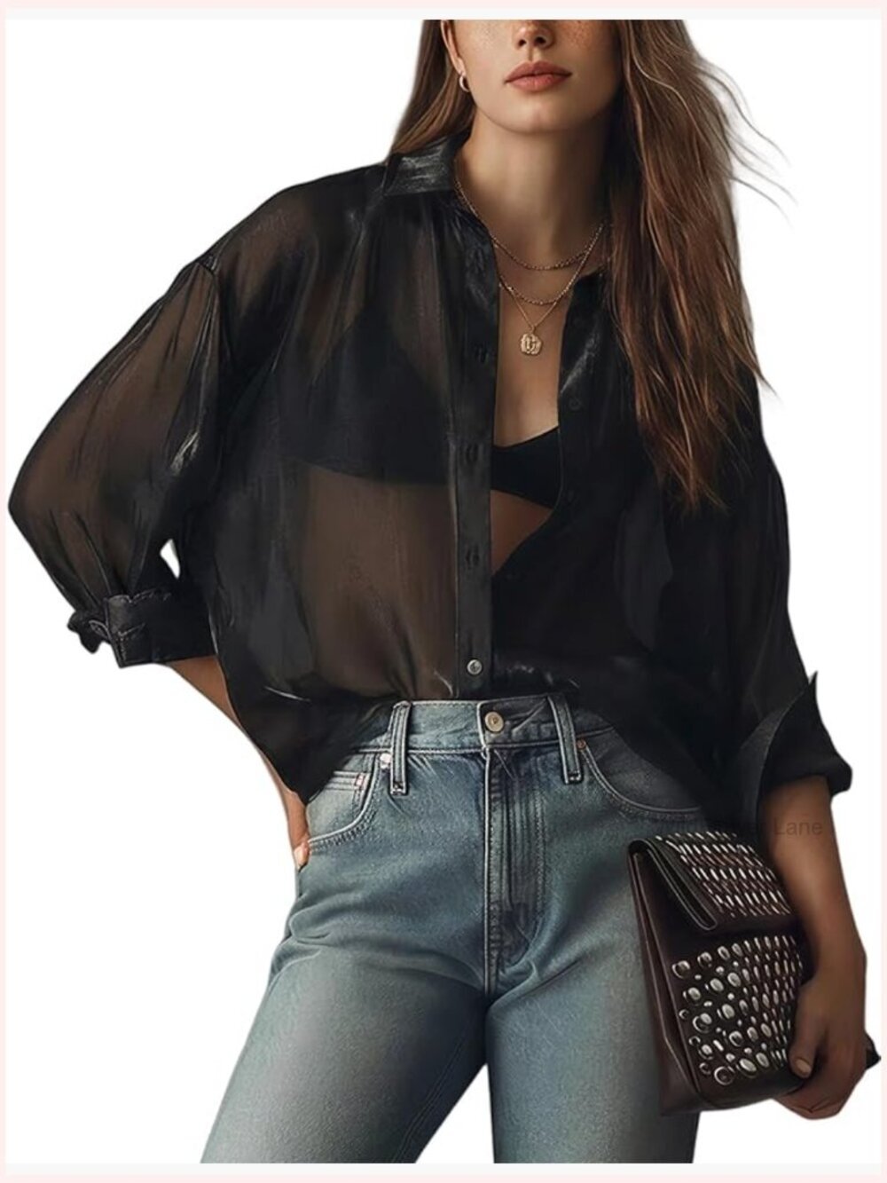 Sheer Mesh Button Up Blouse Long Sleeve See Through Sexy Top